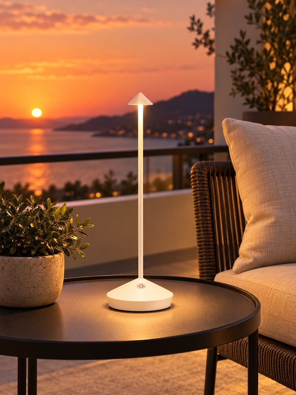 White rechargeable cordless touch lamp on a balcony at sunset