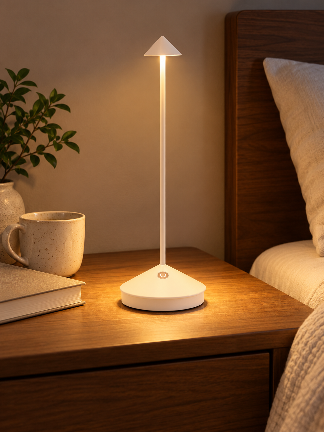 White rechargeable cordless touch lamp glowing on a bedside table