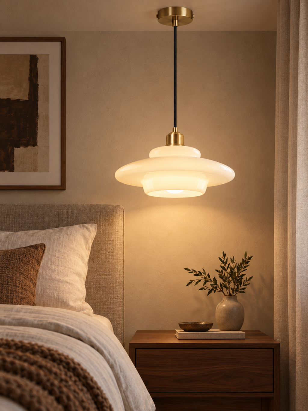 White glass pendant light beside a warm modern bedroom