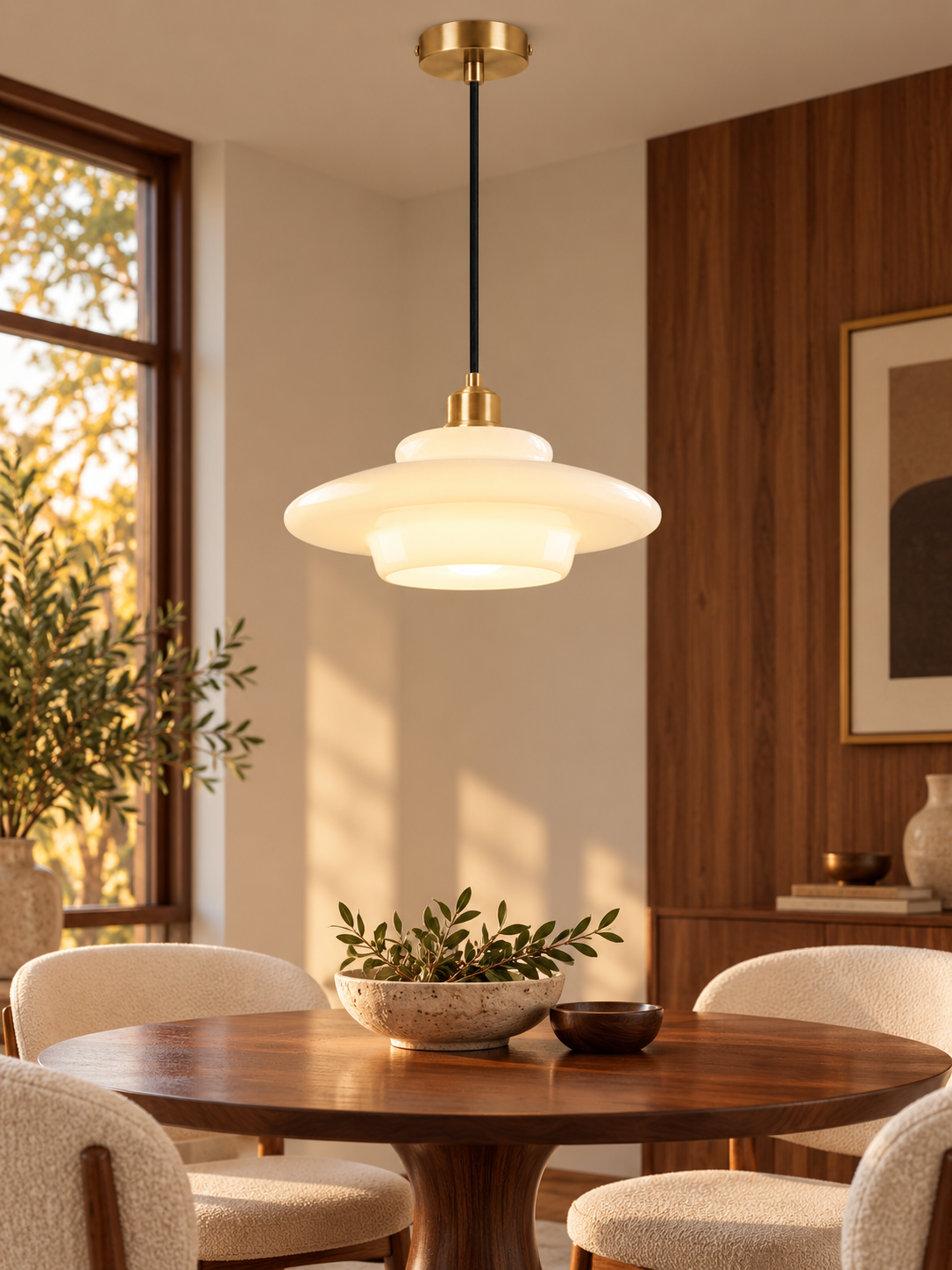 White glass pendant light above a mid-century dining table