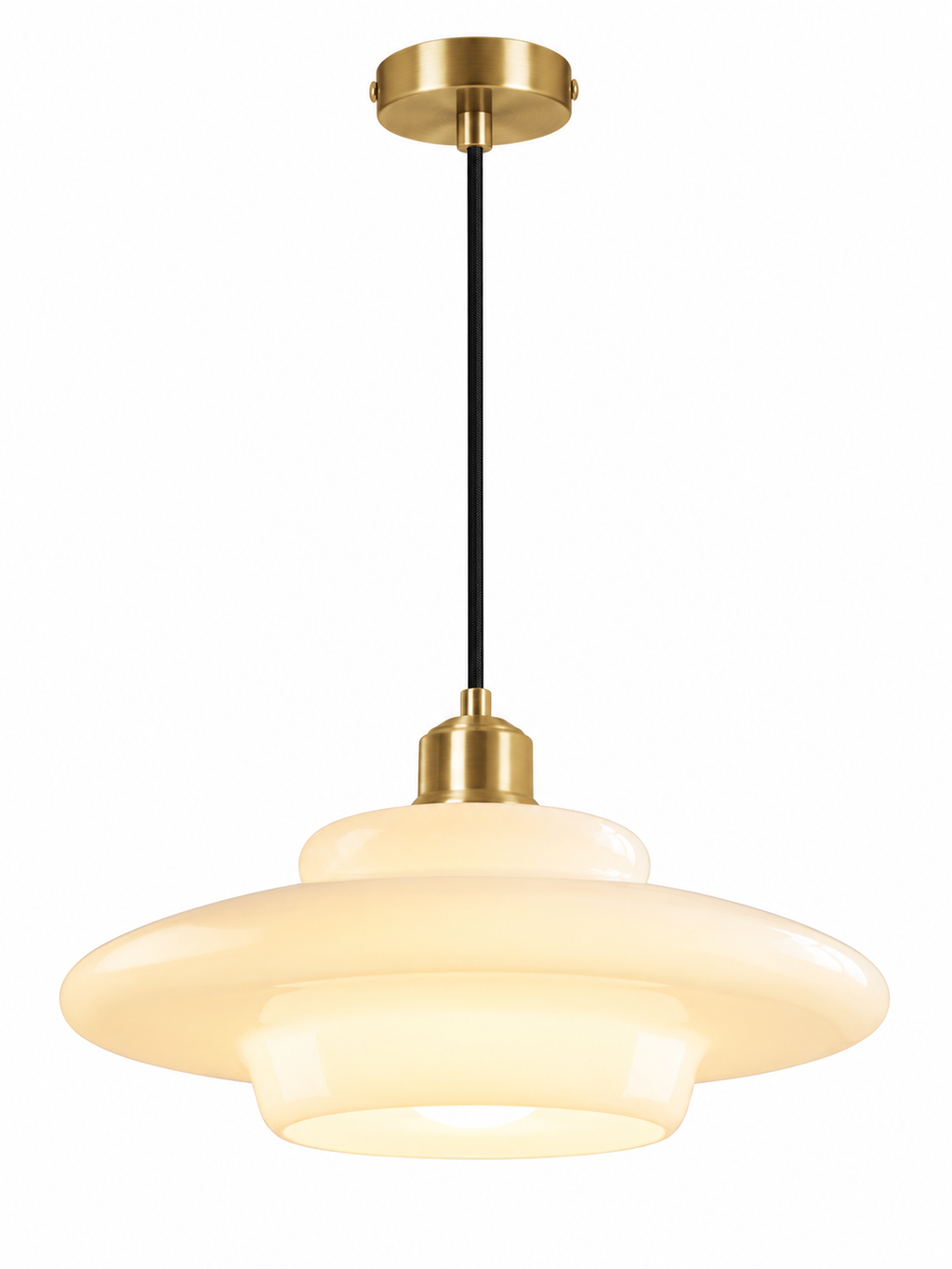 White opal glass mid-century pendant light with canopy on white background
