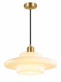 White opal glass mid-century pendant light with canopy on white background