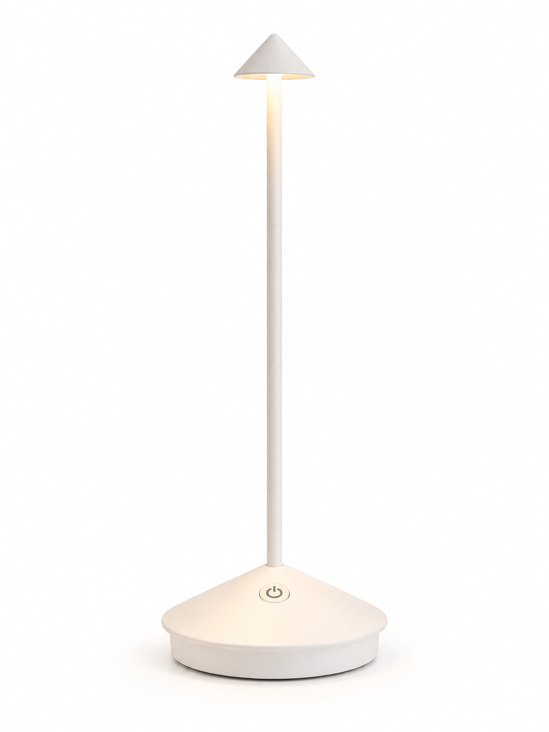 White rechargeable cordless touch lamp on a seamless white background