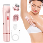 Pink dual-head electric shaver with attachments and woman using it on her underarm