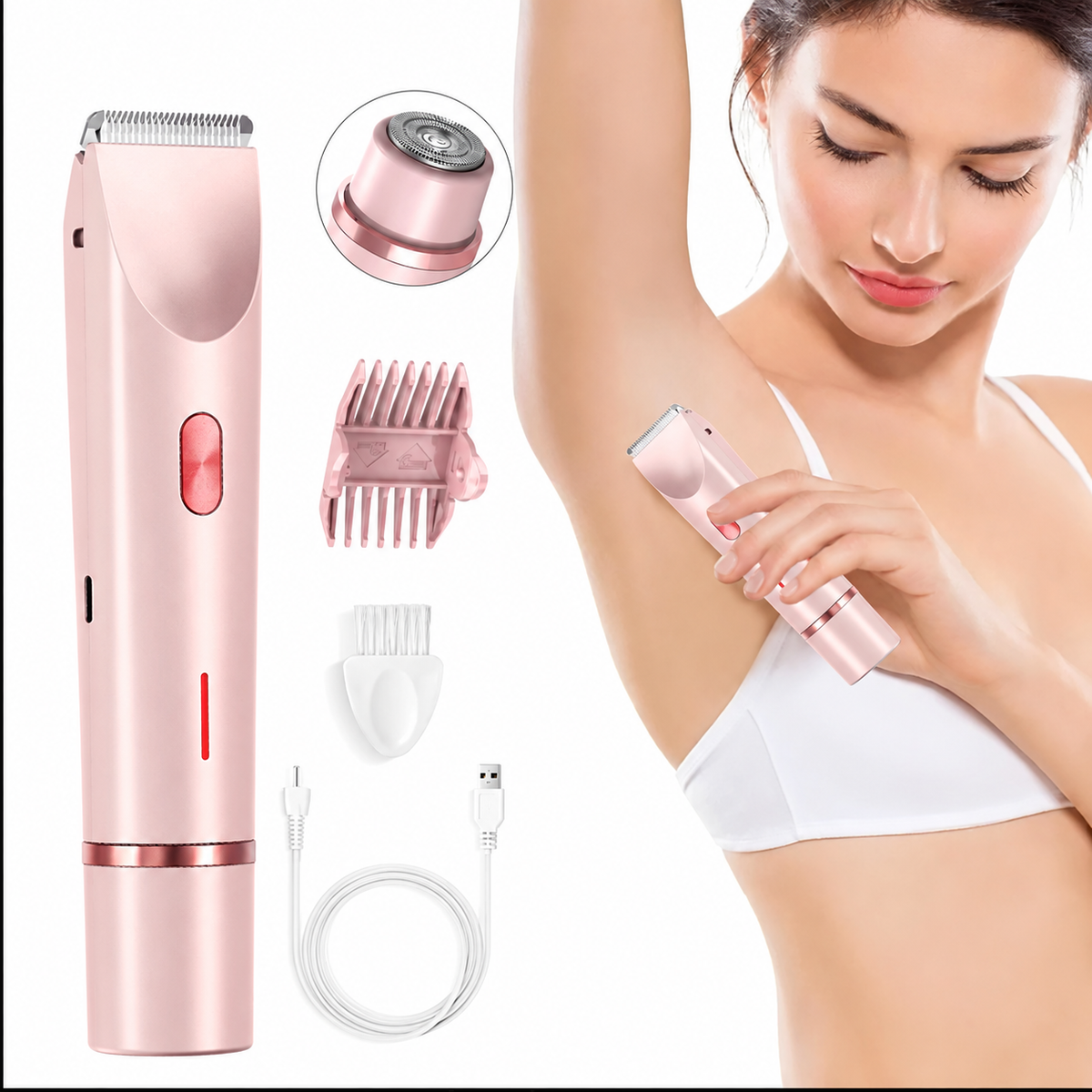 Pink dual-head electric shaver with attachments and woman using it on her underarm