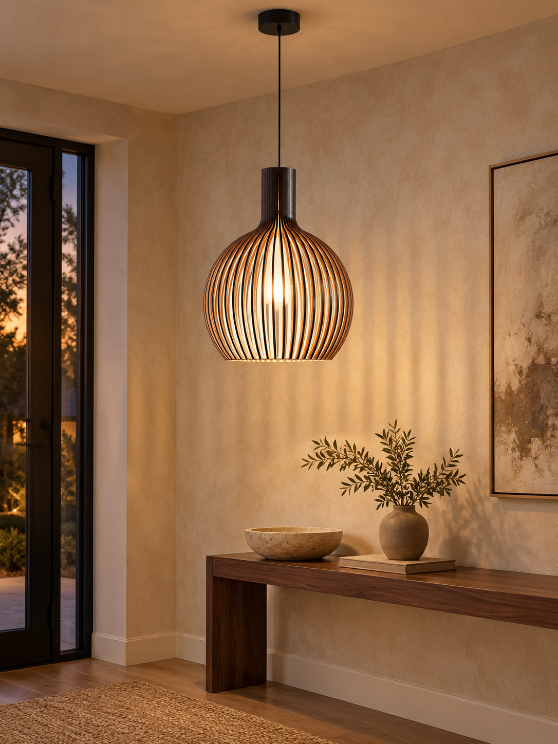 Handcrafted wooden pendant light in a warm modern entryway