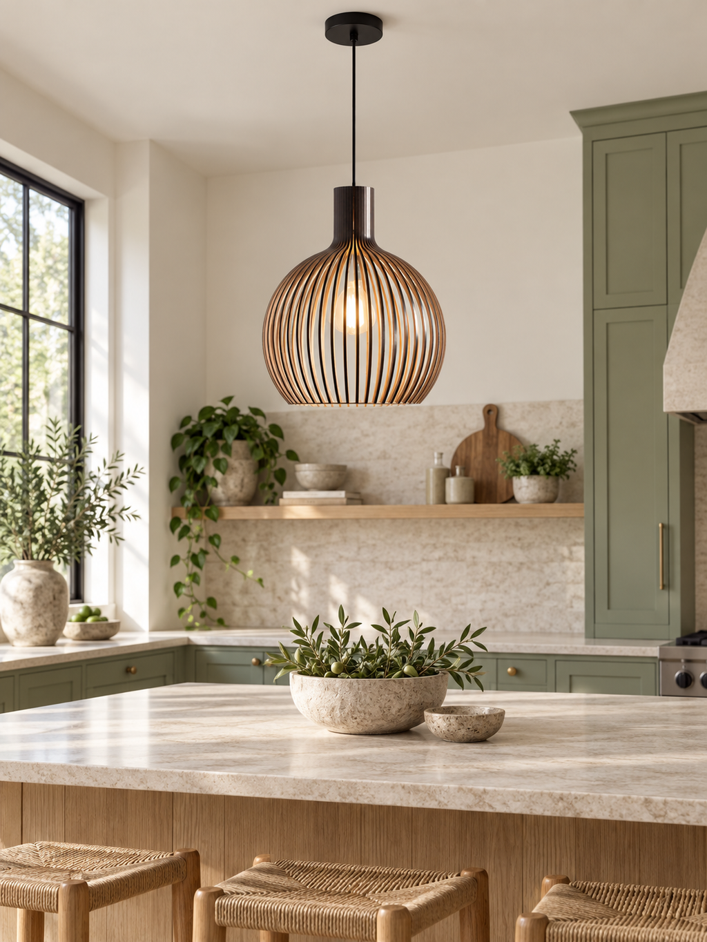 Handcrafted wooden pendant light above an organic modern kitchen island