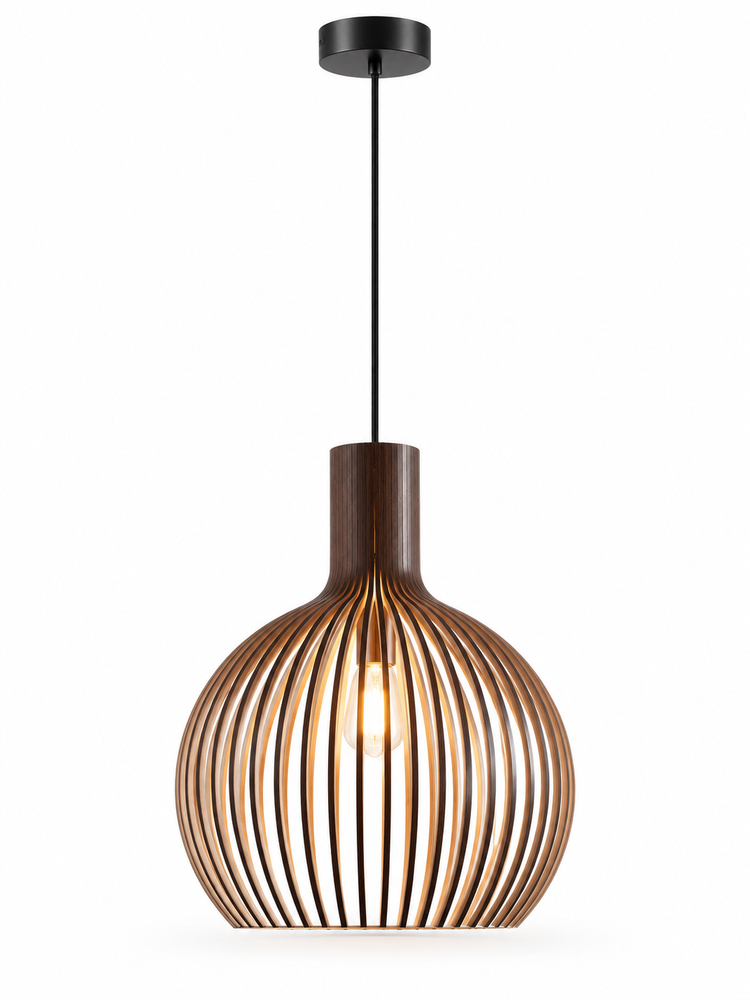 Handcrafted wooden pendant light on white background