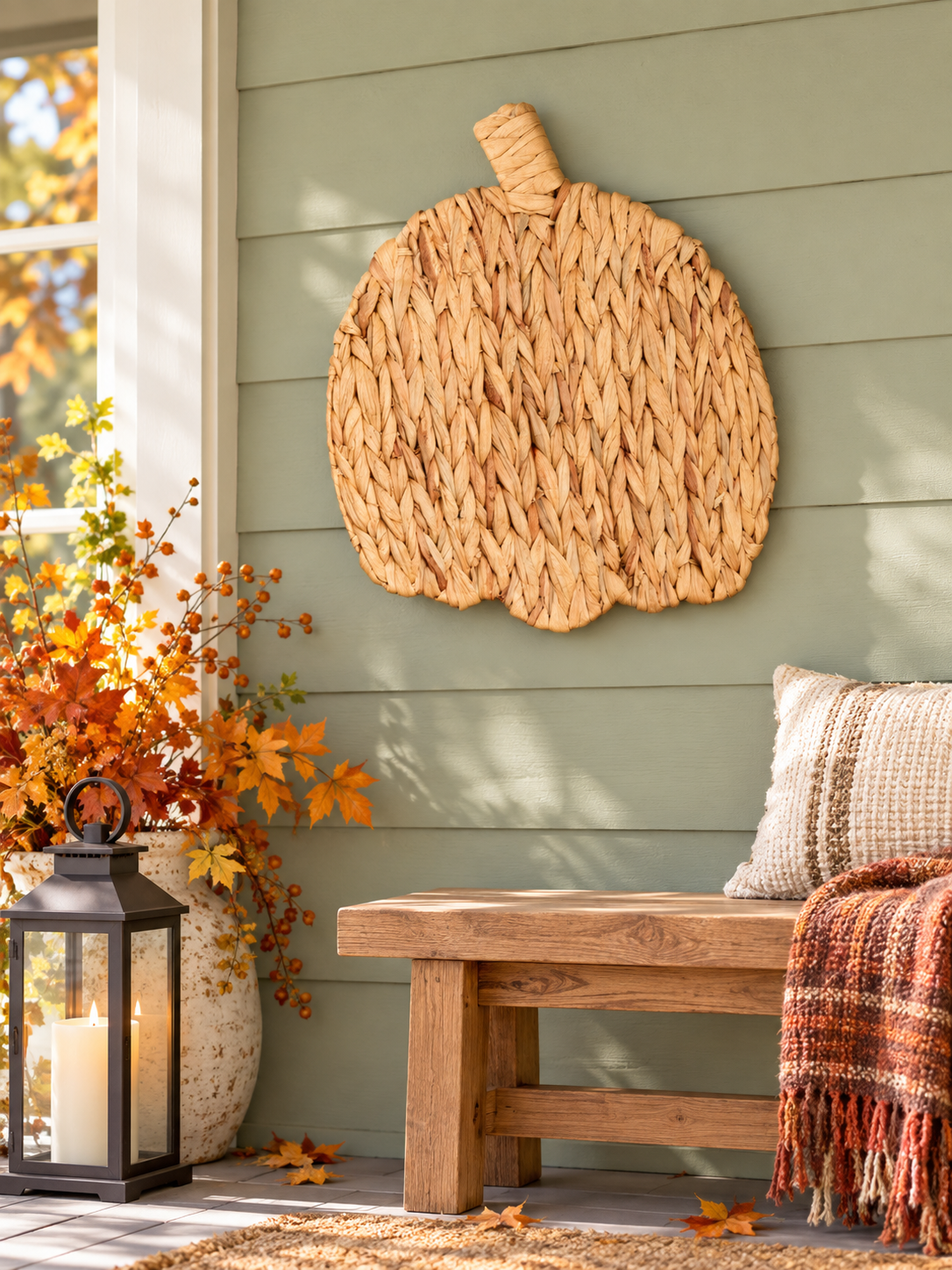 Natural woven pumpkin wall art displayed on a covered porch