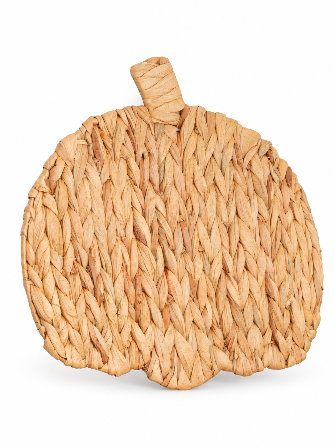 Natural woven pumpkin wall art on a white background