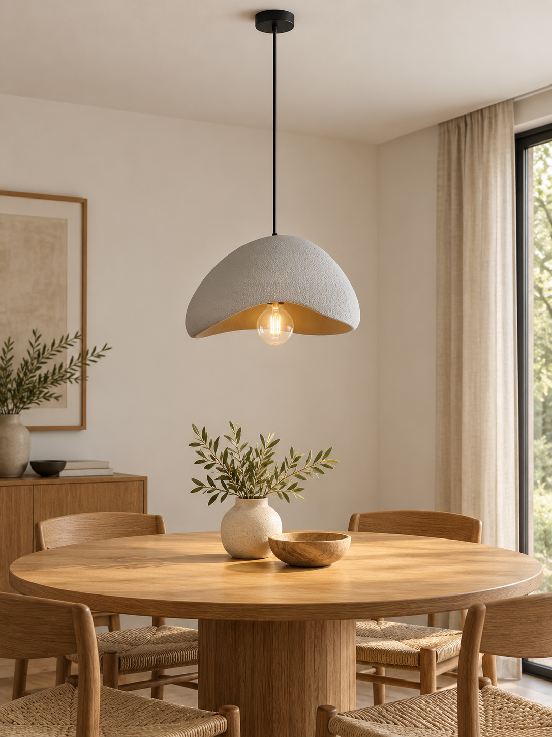 Modern Nordic organic dome chandelier with visible ceiling mount over dining table