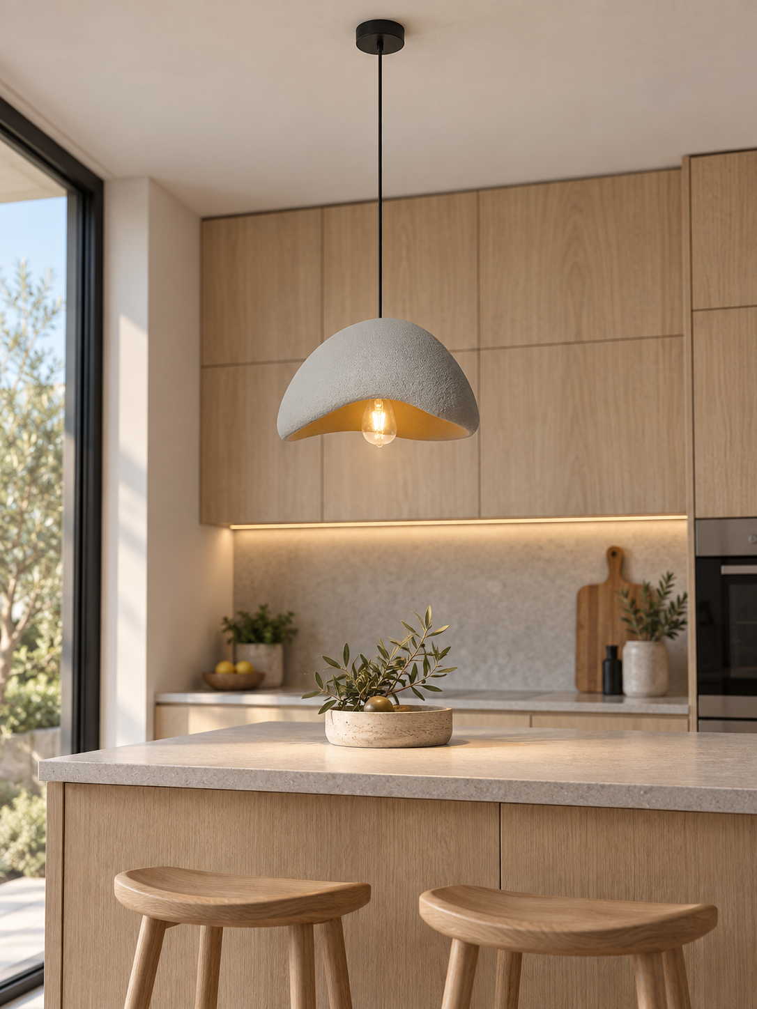 Modern Nordic organic dome chandelier with full ceiling connection over kitchen island